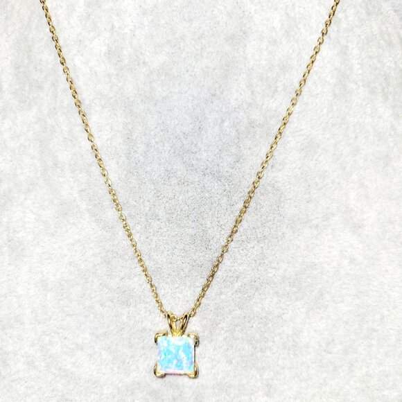 Lab Created Blue Opal Pendant Necklace Square Stone 20" Gold Tone Chain - Picture 2 of 5